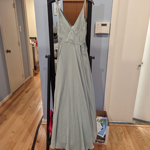 Jenny Yoo Women's James Wrap Long Chiffon Gown, Morning Mist, Sz 2 - Picture 6 of 6